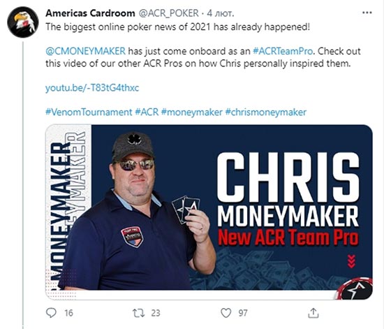 Крис Манимейкер стал амбассадором покер-рума Americas Cardroom